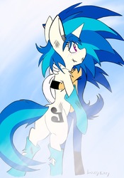 Size: 841x1200 | Tagged: safe, artist:steelsoul, dj pon-3, vinyl scratch, unicorn, g4, blushing, crossover, horn, hug, male, red eyes, sonic the hedgehog, sonic the hedgehog (series), surprised