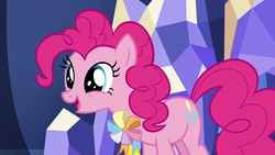 Size: 1280x720 | Tagged: safe, screencap, pinkie pie, pony, g4, not asking for trouble, ambassador badge, female, happy, mare, solo, twilight's castle
