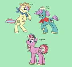 Size: 2041x1903 | Tagged: safe, artist:robiinart, salty (g1), slugger, tex, earth pony, pony, unicorn, g1, g4, baseball cap, big brother ponies, cap, cowboy hat, g1 to g4, generation leap, green background, hat, male, neckerchief, raised hoof, rearing, simple background, stallion