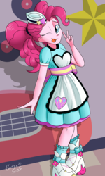 Size: 2400x4000 | Tagged: safe, artist:horsecat, pinkie pie, coinky-dink world, equestria girls, g4, my little pony equestria girls: summertime shorts, clothes, cute, diapinkes, diner, diner uniform, female, hat, one eye closed, peace sign, server pinkie pie, signature, solo, tongue out, waitress, wink