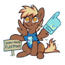 Size: 900x900 | Tagged: safe, artist:dawnfire, fleetfoot, oc, oc only, oc:firebrand, pegasus, pony, :>, :t, clothes, colored pupils, cute, foam finger, looking at you, looking up, male, ocbetes, pointy ponies, shirt, sign, simple background, sitting, smiling, solo, spread wings, stallion, tail wag, transparent background, wing hands, wings