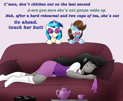 Size: 3071x2527 | Tagged: safe, artist:poseidonathenea, beauty brass, dj pon-3, octavia melody, vinyl scratch, earth pony, human, pony, unicorn, equestria girls, g4, background pony, blushing, bowtie, clothes, couch, cup, female, high res, human ponidox, mare, mischievous, missing accessory, peer pressure, self ponidox, shoes removed, sleeping, socks, teacup, teapot, this will end in pain, this will not end well, z