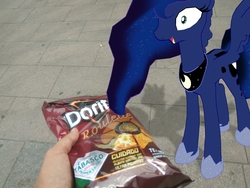 Size: 1080x810 | Tagged: safe, princess luna, alicorn, pony, g4, augmented reality, chips, doritos, food, irl, photo, ponies in real life, shrunken pupils, spread wings, wings