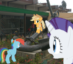 Size: 1080x941 | Tagged: safe, applejack, rainbow dash, rarity, g4, 3d, augmented reality, irl, mmd, photo, ponies in real life