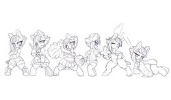 Size: 2000x1166 | Tagged: safe, artist:kaikoinu, limestone pie, earth pony, semi-anthro, g4, armpits, bipedal, broom, bunny ears, bunny suit, cheerleader, cheongsam, clothes, female, grayscale, looking at you, looking back, looking back at you, maid, mare, monochrome, nurse, one eye closed, open mouth, plate, pom pom, simple background, smiling, waitress