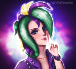 Size: 1800x1625 | Tagged: safe, artist:bellheller, rarity, human, g4, it isn't the mane thing about you, alternate hairstyle, clothes, female, humanized, looking at you, punk, raripunk, short hair, smiling, solo