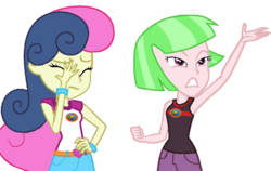 Size: 1024x646 | Tagged: safe, artist:marrabo, bon bon, drama letter, sweetie drops, watermelody, equestria girls, g4, background human, bon bon is not amused, clenched fist, clothes swap, duo, duo female, facepalm, female, frown, hand on hip, simple background, transparent background, unamused