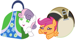 Size: 5400x2880 | Tagged: safe, artist:beavernator, scootaloo, sweetie belle, pony, g4, the cutie pox, baby, baby belle, baby pony, baby scootaloo, bag, beavernator is trying to murder us, bowling bag, cute, cutealoo, diasweetes, foal