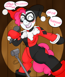 Size: 1800x2111 | Tagged: safe, artist:blackbewhite2k7, pinkie pie, g4, batman, batman and harley quinn, bipedal, crossover, harley quinn, microphone, singing, song, spotlight, stage, wood paneling