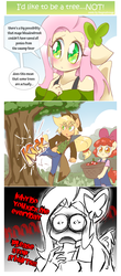 Size: 860x1948 | Tagged: safe, artist:thegreatrouge, apple bloom, applejack, fluttershy, earth pony, anthro, a health of information, g4, clothes, comic, cowboy hat, dialogue, female, filly, floppy ears, fridge horror, hat, i'd like to be a tree, mare, smiling, speech bubble, stetson, the implications are horrible