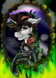 Size: 2301x3198 | Tagged: safe, artist:brainiac, oc, oc only, oc:blackjack, cyborg, pony, unicorn, fallout equestria, fallout equestria: project horizons, balefire, chest fluff, clothes, collar, compact horn, dead flowers, feather, female, floppy ears, flower, gem, high res, horn, mare, robot legs, rose, screws, solo, stars, text