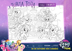 Size: 1920x1357 | Tagged: safe, applejack, fluttershy, pinkie pie, rainbow dash, rarity, spike, twilight sparkle, alicorn, dragon, pony, g4, my little pony: the movie, coloring page, mane seven, mane six, my little pony logo, portuguese, twilight sparkle (alicorn)