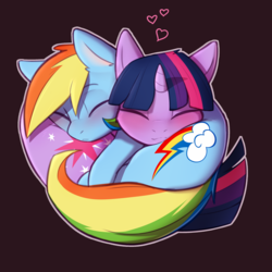 Size: 2800x2800 | Tagged: dead source, safe, artist:captainpudgemuffin, rainbow dash, twilight sparkle, pony, g4, :<, behaving like a cat, blushing, brown background, butt pillow, captainpudgemuffin is trying to murder us, cuddling, cute, daaaaaaaaaaaw, dashabetes, duo, eyes closed, female, heart, high res, hnnng, lesbian, pony pillow, ship:twidash, shipping, simple background, sleeping, smiling, snuggling, twiabetes, twilight cat