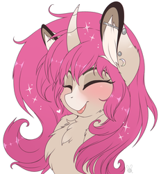 Size: 1284x1386 | Tagged: safe, artist:meggchan, oc, oc only, oc:tarot, classical unicorn, pony, unicorn, blushing, bust, chest fluff, cute, eyes closed, female, glitter, horn, leonine tail, mare, palomino, piercing, solo, sparkles, tongue out, unshorn fetlocks