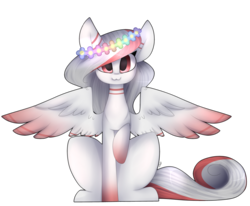 Size: 1024x844 | Tagged: safe, artist:umiimou, oc, oc only, pegasus, pony, :3, colored wings, colored wingtips, female, floral head wreath, flower, mare, sitting, solo