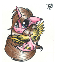 Size: 1400x1520 | Tagged: safe, artist:tillie-tmb, oc, oc only, oc:carmela, alicorn, pony, chibi, colored wings, female, heart eyes, mare, sitting, solo, traditional art, wingding eyes