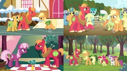 Size: 1688x948 | Tagged: safe, edit, edited screencap, screencap, apple bloom, applejack, big macintosh, caramel, cheerilee, comet tail, granny smith, lemon hearts, linky, lyra heartstrings, sassaflash, scootaloo, shoeshine, spring melody, sprinkle medley, sweetie belle, earth pony, pony, unicorn, g4, hearts and hooves day (episode), ponyville confidential, the super speedy cider squeezy 6000, winter wrap up, apple, apple tree, comparison, cutie mark crusaders, female, filly, flower, foal, food, hub logo, inconsistency, male, mare, size comparison, stallion, tree