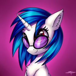 Size: 3000x3000 | Tagged: safe, artist:setharu, dj pon-3, vinyl scratch, pony, unicorn, g4, bust, chest fluff, cute, ear fluff, eye reflection, female, high res, looking up, mare, portrait, reflection, shoulder fluff, signature, smiling, solo, sunglasses, vinylbetes