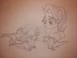 Size: 1600x1200 | Tagged: safe, artist:jebens1, starlight glimmer, dinosaur, pony, unicorn, g4, mama starlight, monochrome, motherly, prone, smiling, traditional art