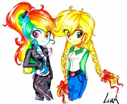 Size: 2471x2032 | Tagged: safe, artist:liaaqila, applejack, rainbow dash, equestria girls, g4, alternate hairstyle, clothes, female, high res, jacket, leather jacket, older, simple background, smiling, traditional art