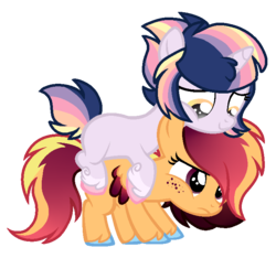 Size: 715x669 | Tagged: safe, artist:angei-bites, oc, oc only, oc:harvest daze, oc:sleepy stars, earth pony, pony, unicorn, base used, cute, female, filly, ponies riding ponies, riding, simple background, transparent background