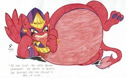 Size: 5187x3211 | Tagged: safe, artist:duragan, the sphinx, sphinx, daring done?, g4, alternate timeline, belly, bloated, demands, fat, markers, obese, paws, solo, stuffed, stuffing, traditional art, underpaw