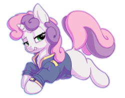 Size: 1400x1100 | Tagged: safe, artist:bobdude0, artist:dimfann, sweetie belle, pony, unicorn, g4, clothes, collaboration, cute, diasweetes, female, filly, jacket, looking at you, simple background, smiling, smirk, solo, transparent background