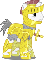 Size: 4399x6000 | Tagged: safe, artist:xenoneal, oc, oc only, oc:lanceor sheldon, pony, unicorn, absurd resolution, armor, broken horn, chainmail, horn, male, simple background, solo, stallion, sword, transparent background, vector, weapon