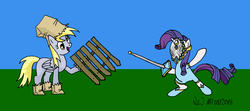 Size: 5529x2465 | Tagged: safe, artist:angelic-hikaru, derpy hooves, rarity, g4, fencing