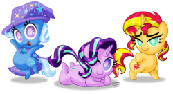 Size: 3000x1631 | Tagged: safe, artist:aleximusprime, starlight glimmer, sunset shimmer, trixie, pony, unicorn, g4, backwards cutie mark, bipedal, cape, chibi, clothes, cute, diatrixes, female, glimmerbetes, hat, looking at you, lying down, mare, one eye closed, shimmerbetes, simple background, smiling, transparent background, trio, trixie's cape, trixie's hat