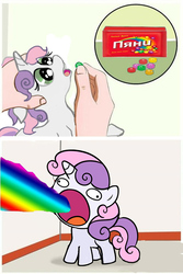 Size: 515x771 | Tagged: safe, artist:agm, sweetie belle, pony, unicorn, g4, candy, derp, feeding, female, filly, food, hand, meme, open mouth, pills, rainbow, russian, shoop da whoop, skittles, sweetie derelle, wide eyes, wikihow