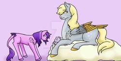 Size: 1024x520 | Tagged: safe, artist:cosmicstarempress, amethyst star, derpy hooves, dinky hooves, sparkler, classical unicorn, pegasus, pony, unicorn, g4, family, female, foal, horn, leonine tail, mother and daughter, tail feathers, watermark