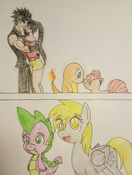 Size: 2580x3413 | Tagged: safe, artist:kishithedragoness95, derpy hooves, spike, charmander, dragon, fox, human, kitsune, pegasus, pony, vulpix, g4, crossover, high res, pokémon, shipping, traditional art