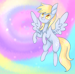 Size: 2012x2000 | Tagged: safe, artist:penkiepuu, derpy hooves, pegasus, pony, g4, female, flying, high res, looking up, mare, rainbow background, solo