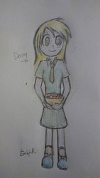 Size: 400x711 | Tagged: safe, artist:everlytheblackrabbit, derpy hooves, equestria girls, g4, female, food, muffin, solo, traditional art