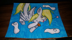 Size: 5312x2988 | Tagged: safe, artist:auroraflame1, derpy hooves, g4, cloud, female, flying, food, muffin, photo, solo, traditional art