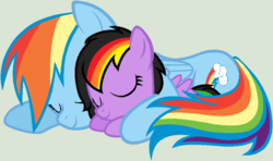 Size: 900x533 | Tagged: safe, artist:lost-our-dreams, rainbow dash, oc, oc:rainbow storm, pony, g4, female, filly, mother and daughter, offspring, parent:rainbow dash, parent:soarin', parents:soarindash, prone, rainbow hair, simple background, sleeping, vector