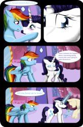 Size: 3230x4924 | Tagged: safe, artist:shadeila, rainbow dash, rarity, pegasus, pony, unicorn, comic:why did i fall in love with her?, g4, blushing, comic, dialogue, female, floppy ears, high res, lesbian, looking at each other, magic, mannequin, mare, open mouth, raised hoof, ship:raridash, shipping, telekinesis