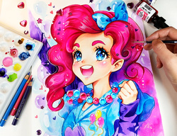 Size: 1200x920 | Tagged: safe, artist:naschi, pinkie pie, human, g4, clothes, colored, colored pencil drawing, female, hand, heart, humanized, jewelry, necklace, open mouth, pearl necklace, photo, smiling, solo, traditional art, watercolor painting