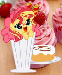 Size: 521x631 | Tagged: safe, artist:moonlight-the-pony, artist:wynterstar93, sunset shimmer, pony, unicorn, g4, base used, cup, cup of pony, cute, diabetes, female, food, ice cream, mare, micro, open mouth, shimmerbetes, strawberry, sunset shimmer dressing up as food, weapons-grade cute