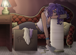 Size: 2400x1743 | Tagged: safe, artist:monnarcha, rarity, human, g4, belt, clothes, couch, eyes closed, female, humanized, paper, signature, skirt, sleeping, solo, tired