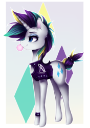 Size: 1195x1695 | Tagged: safe, artist:nutellaakanutella, rarity, pony, unicorn, g4, it isn't the mane thing about you, alternate hairstyle, bubblegum, clothes, cute, female, food, gum, mare, punk, raribetes, raripunk, solo, white outline