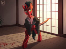 Size: 1472x1100 | Tagged: safe, artist:margony, oc, oc only, oc:silver sword, pony, unicorn, bipedal, blood, clothes, collaboration, commission, hoof hold, indoors, male, red and black oc, samurai, solo