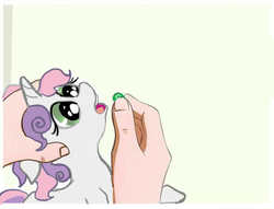 Size: 515x394 | Tagged: safe, artist:agm, edit, sweetie belle, human, pony, unicorn, g4, candy, feeding, female, filly, floppy ears, food, force feeding, hand, meme, open mouth, pills, simple background, skittles, white background