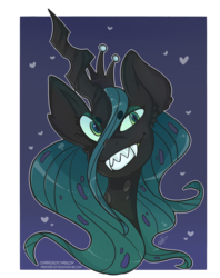 Size: 2200x2780 | Tagged: safe, artist:bunny-bitez, queen chrysalis, changeling, changeling queen, g4, beanbrows, bust, crown, ear fluff, evil grin, eyebrows, eyebrows visible through hair, fangs, female, grin, heart, high res, jewelry, looking at you, portrait, regalia, sharp teeth, signature, smiling, solo, teeth