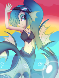 Size: 800x1040 | Tagged: dead source, safe, artist:wubcakeva, oc, oc only, oc:rain, siren, equestria girls, g4, breasts, equestria girls-ified, female, goggles, hair over one eye, slit pupils, smiling, solo, swimming goggles, water