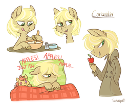 Size: 1024x841 | Tagged: safe, artist:flourret, oc, oc only, oc:coriander, earth pony, pony, apple, baking, clothes, food, male, offspring, parent:applejack, parent:trenderhoof, parents:trenderjack, stallion, trenchcoat