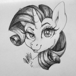 Size: 2448x2448 | Tagged: safe, artist:ivory crescent, rarity, g4, bust, chest fluff, ear fluff, female, high res, monochrome, portrait, simple background, sketch, solo, traditional art, white background