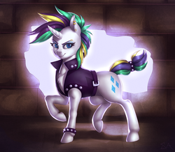 Size: 3000x2613 | Tagged: safe, artist:souladdicted, rarity, pony, unicorn, g4, it isn't the mane thing about you, alternate hairstyle, clothes, ear piercing, female, high res, mare, piercing, punk, raised hoof, raripunk, short hair, smiling, solo