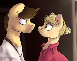 Size: 1573x1248 | Tagged: safe, artist:tigra0118, earth pony, pony, clothes, crossover, elena fisher, looking at each other, nathan drake, ponified, smiling, uncharted